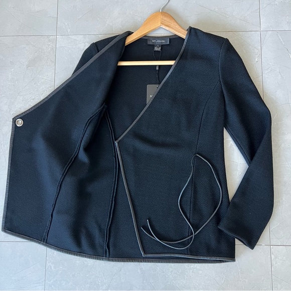 ST. JOHN Black Wool Blend Leather Trim Waist Tie Long Sleeve Jacket Blazer Sz 2 - Picture 10 of 16